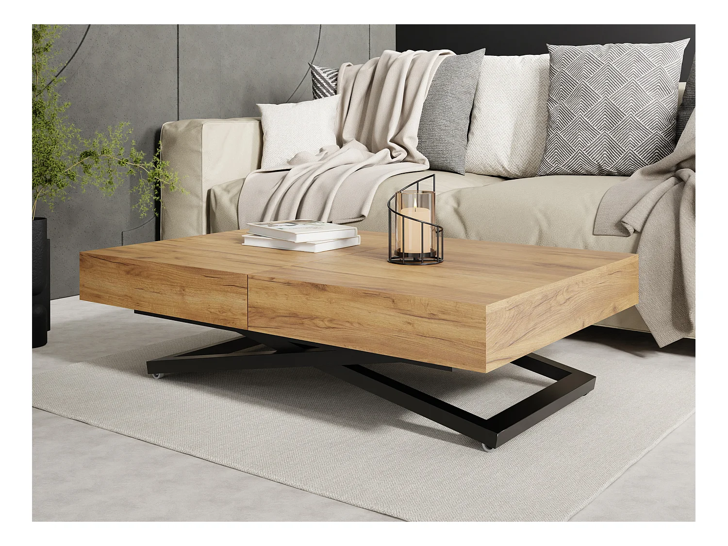 Table Basse Relevable Extensible Cavetta X - Table Multifonction Salon Salle à Manger 120-200/80/27-76 cm Chêne Craft