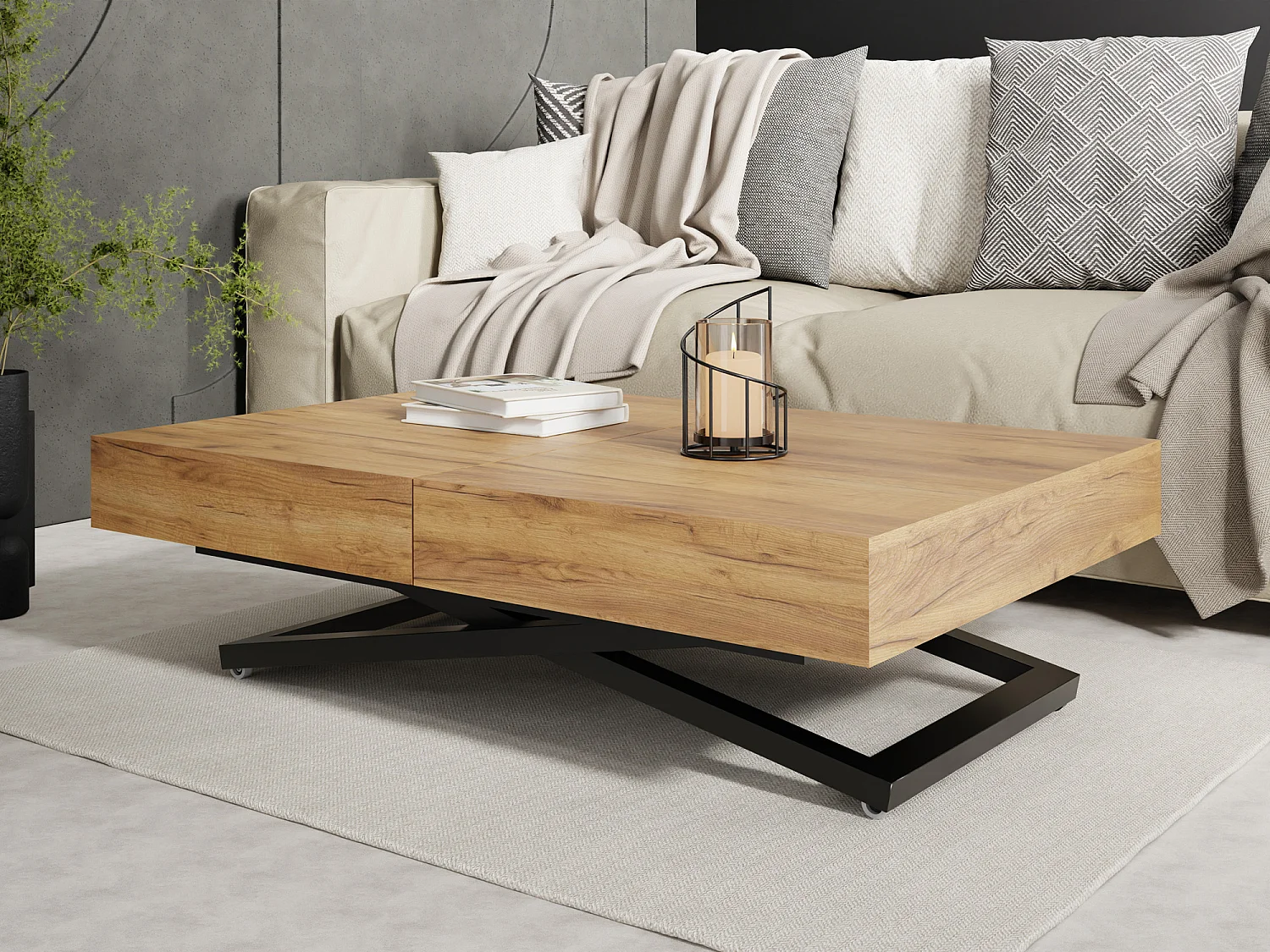 Couchtisch Höhenverstellbar und Ausziehbar Cavetta X - Wohnzimmertisch Esstisch Multifunktionstisch 120-200/80/27-76 cm Craft Eiche