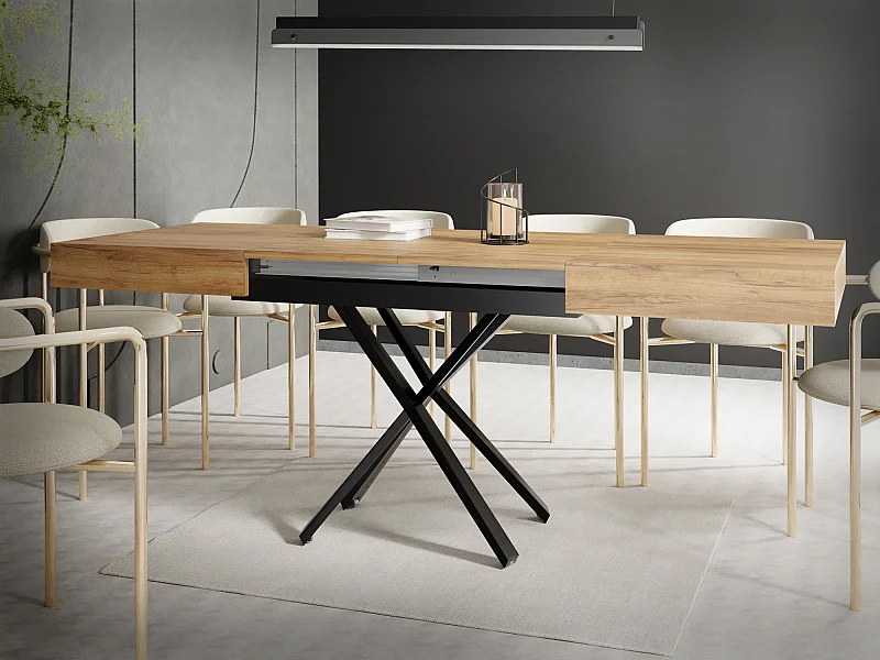 Couchtisch Höhenverstellbar und Ausziehbar Cavetta X - Wohnzimmertisch Esstisch Multifunktionstisch 120-200/80/27-76 cm Craft Eiche