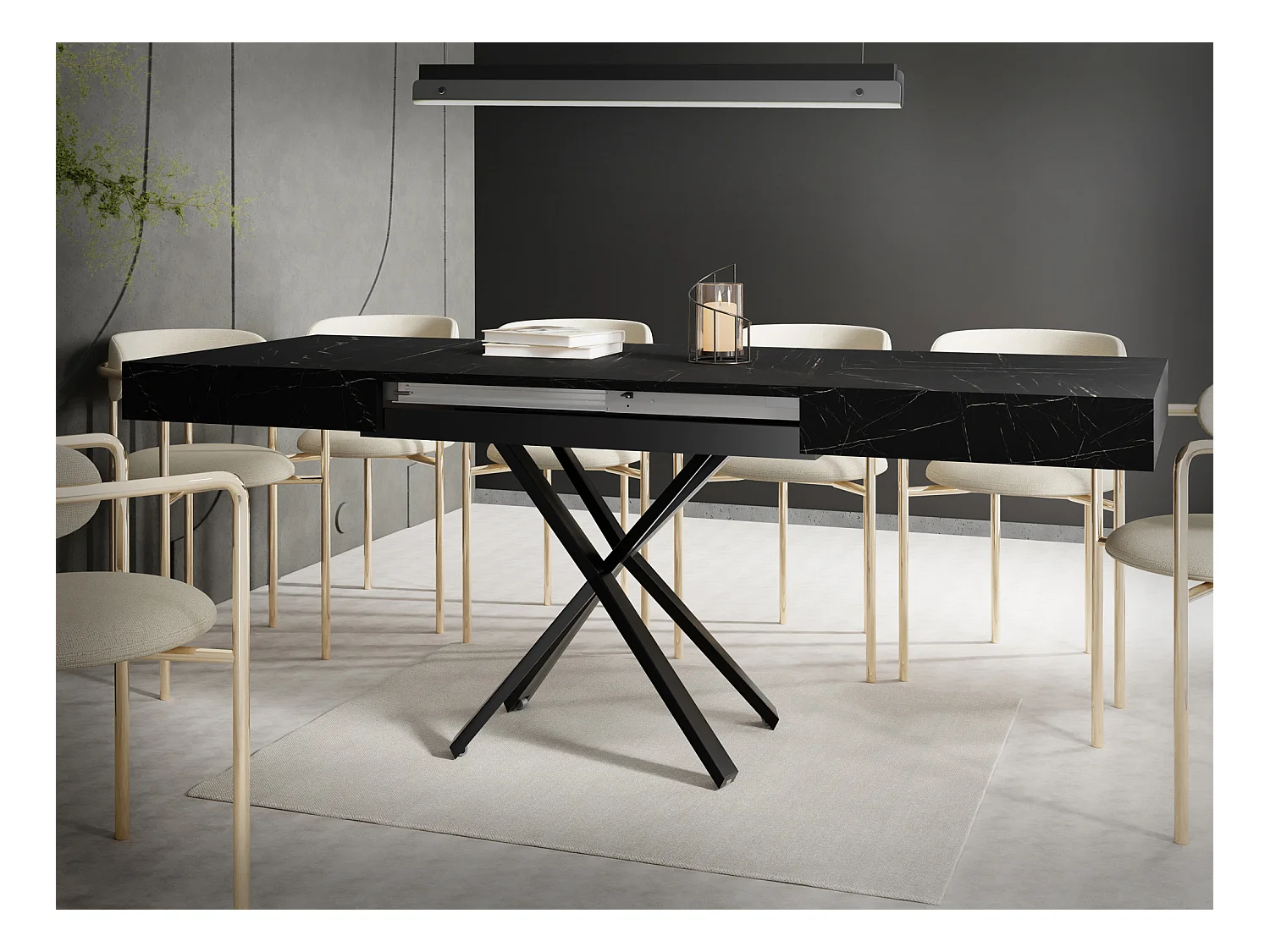 Couchtisch Höhenverstellbar und Ausziehbar Cavetta X in Marmoroptik Schwarz - Wohnzimmertisch Esstisch Multifunktionstisch 120-200/80/27-76 cm - Marmor Schwarz