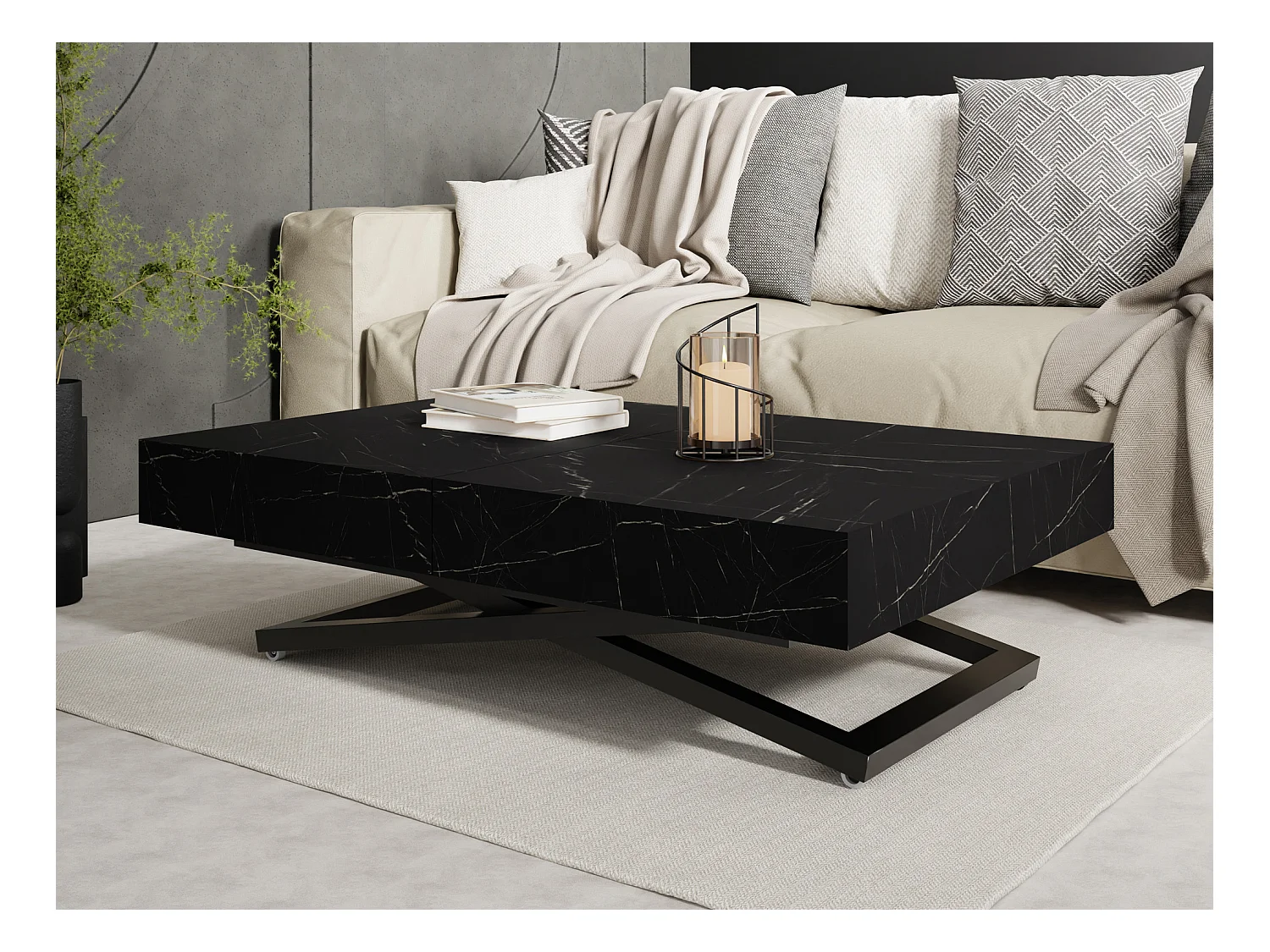 Couchtisch Höhenverstellbar und Ausziehbar Cavetta X in Marmoroptik Schwarz - Wohnzimmertisch Esstisch Multifunktionstisch 120-200/80/27-76 cm - Marmor Schwarz