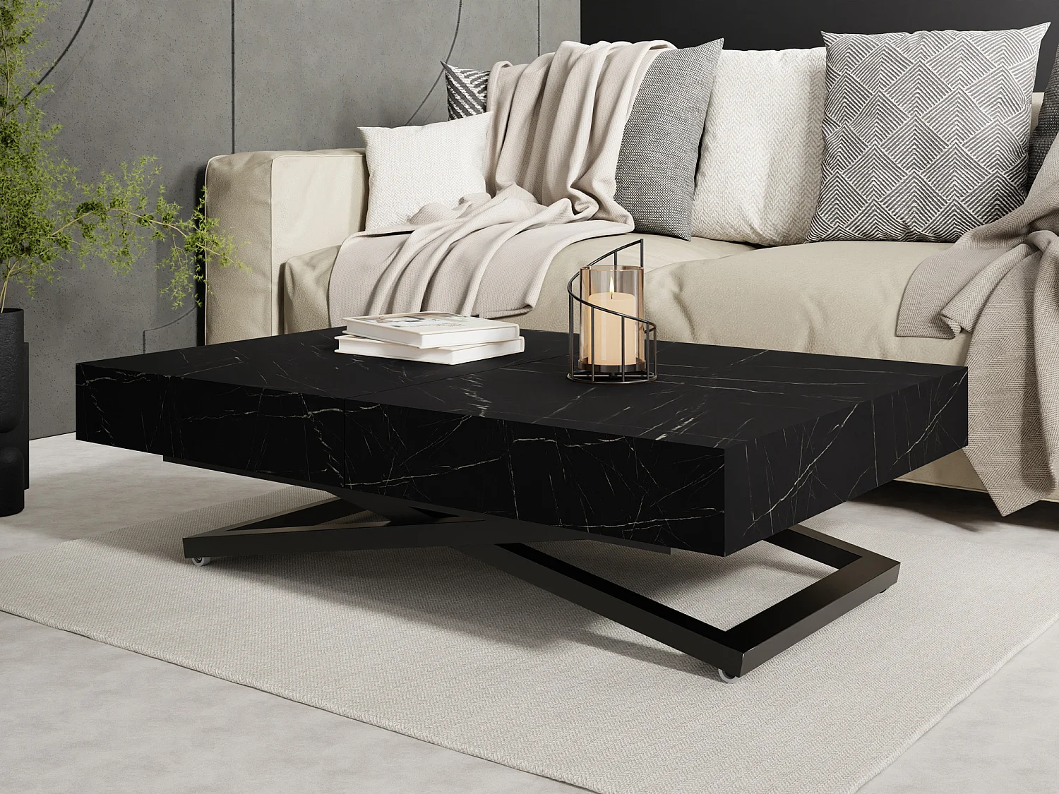 Couchtisch Höhenverstellbar und Ausziehbar Cavetta X in Marmoroptik Schwarz - Wohnzimmertisch Esstisch Multifunktionstisch 120-200/80/27-76 cm - Marmor Schwarz
