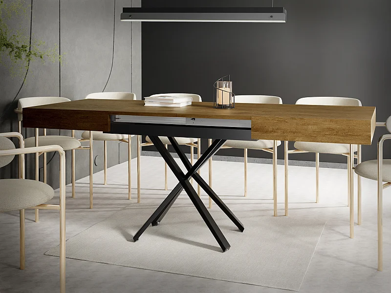 Couchtisch Höhenverstellbar und Ausziehbar Cavetta X - Wohnzimmertisch Esstisch Multifunktionstisch 120-200/80/27-76 cm Lefkas Eiche