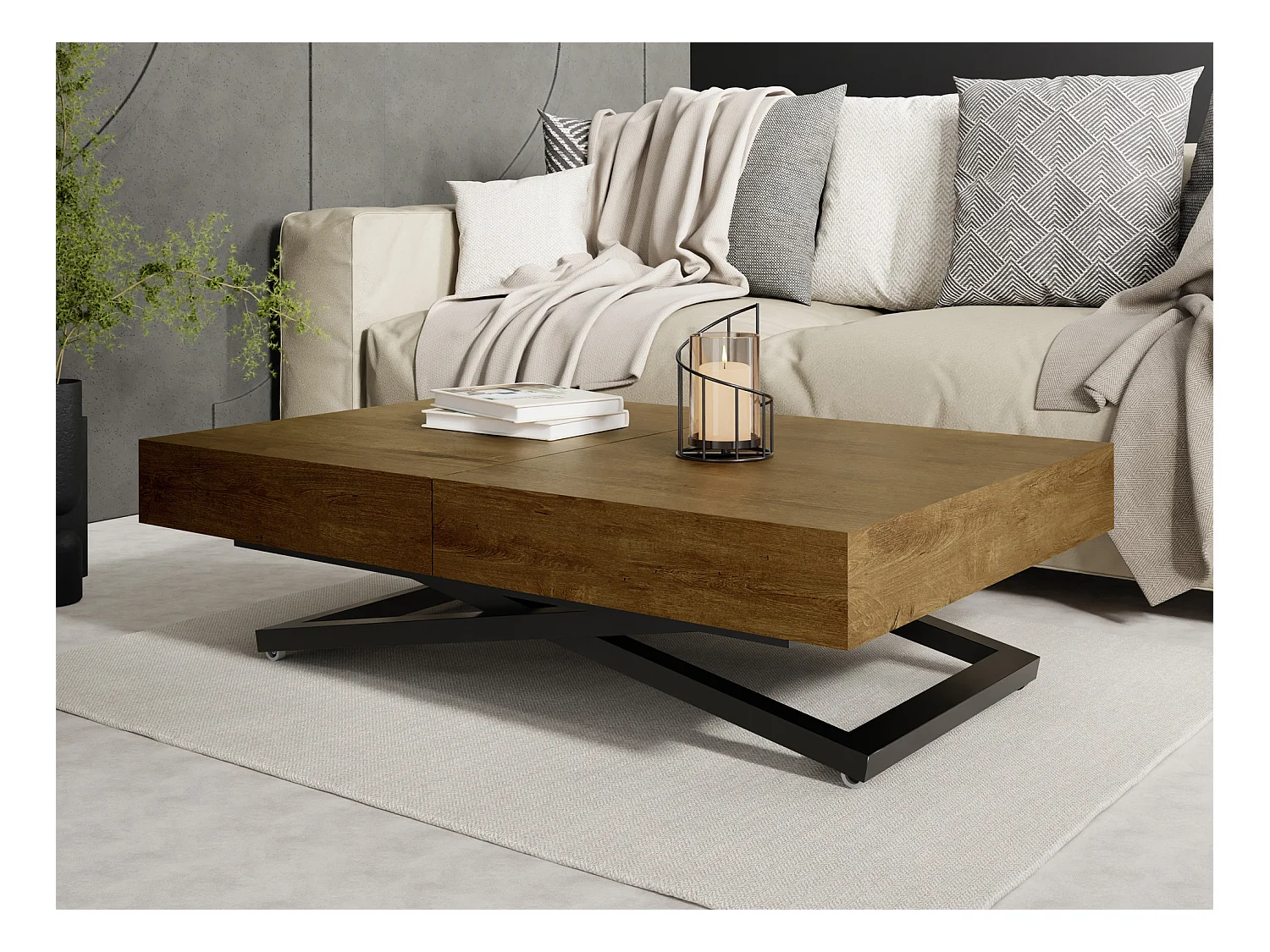 Couchtisch Höhenverstellbar und Ausziehbar Cavetta X - Wohnzimmertisch Esstisch Multifunktionstisch 120-200/80/27-76 cm Lefkas Eiche