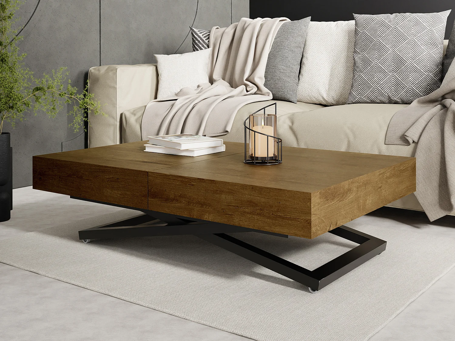 Couchtisch Höhenverstellbar und Ausziehbar Cavetta X - Wohnzimmertisch Esstisch Multifunktionstisch 120-200/80/27-76 cm Lefkas Eiche