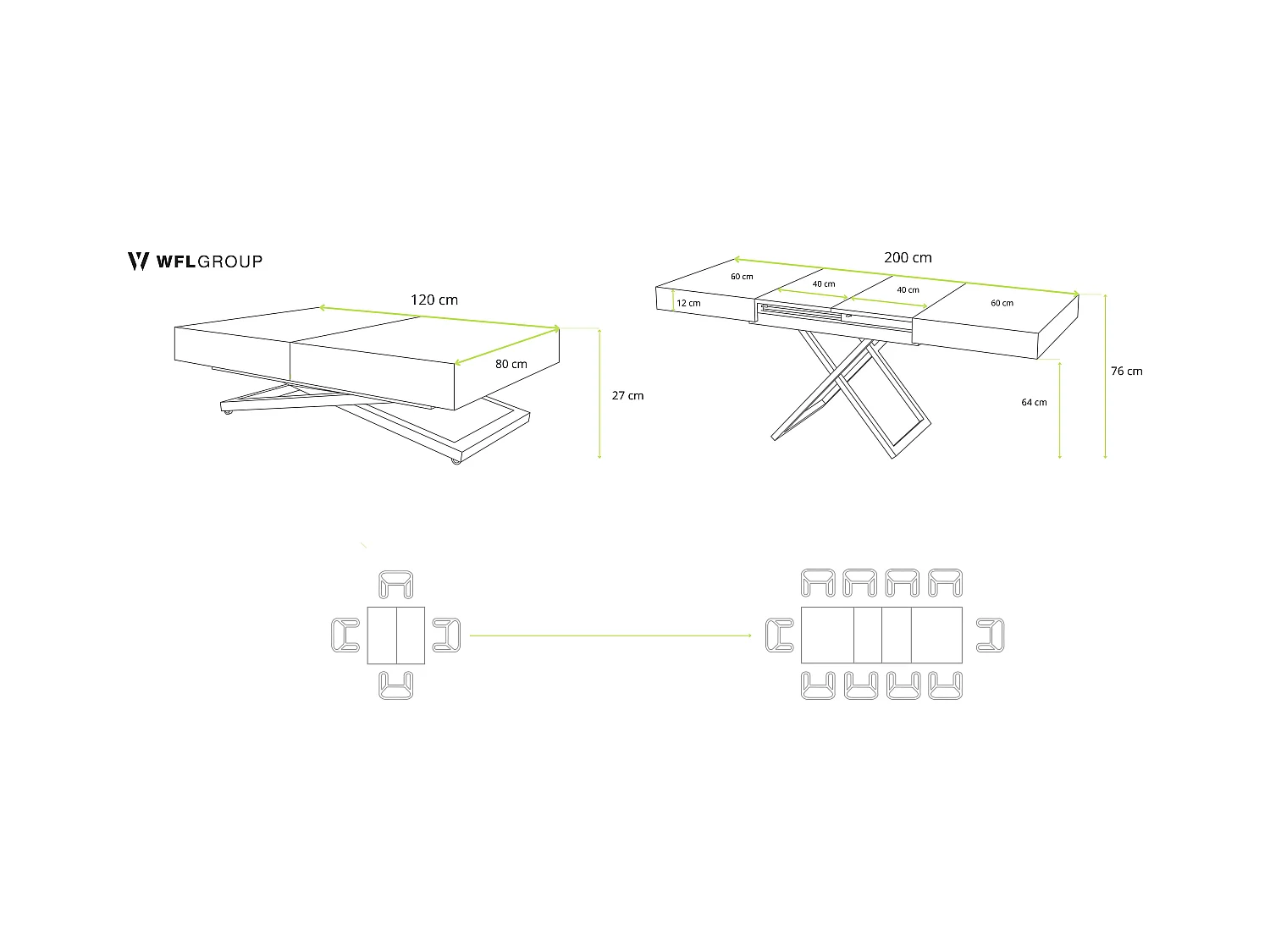 Couchtisch Höhenverstellbar und Ausziehbar Cavetta X - Wohnzimmertisch Esstisch Multifunktionstisch 120-200/80/27-76 cm Schwarz