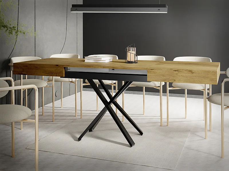 Couchtisch Höhenverstellbar und Ausziehbar Cavetta X - Wohnzimmertisch Esstisch Multifunktionstisch 120-200/80/27-76 cm Lancelot Eiche