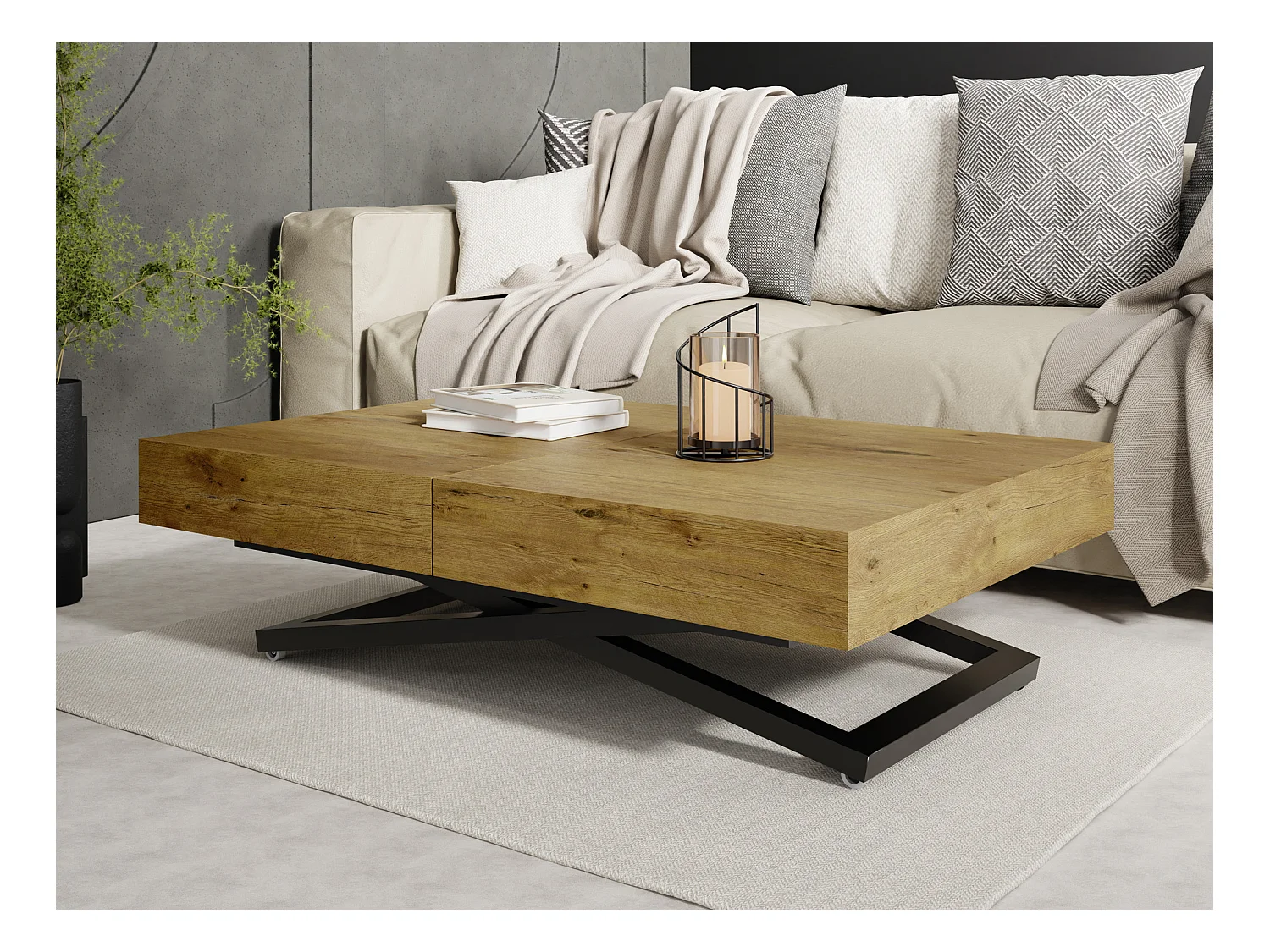 Couchtisch Höhenverstellbar und Ausziehbar Cavetta X - Wohnzimmertisch Esstisch Multifunktionstisch 120-200/80/27-76 cm Lancelot Eiche