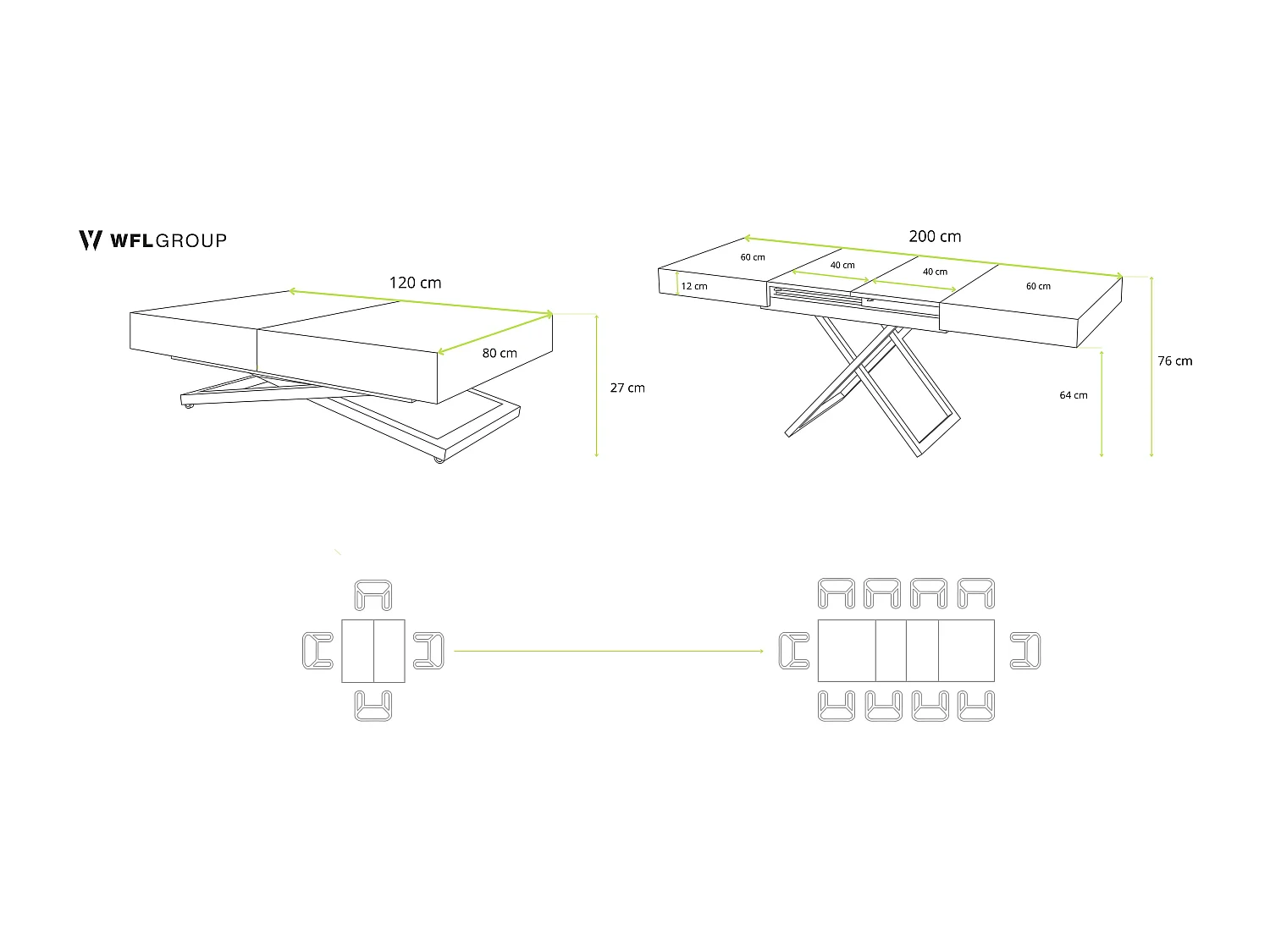 Couchtisch Höhenverstellbar und Ausziehbar Cavetta X - Wohnzimmertisch Esstisch Multifunktionstisch 120-200/80/27-76 cm Lancelot Eiche