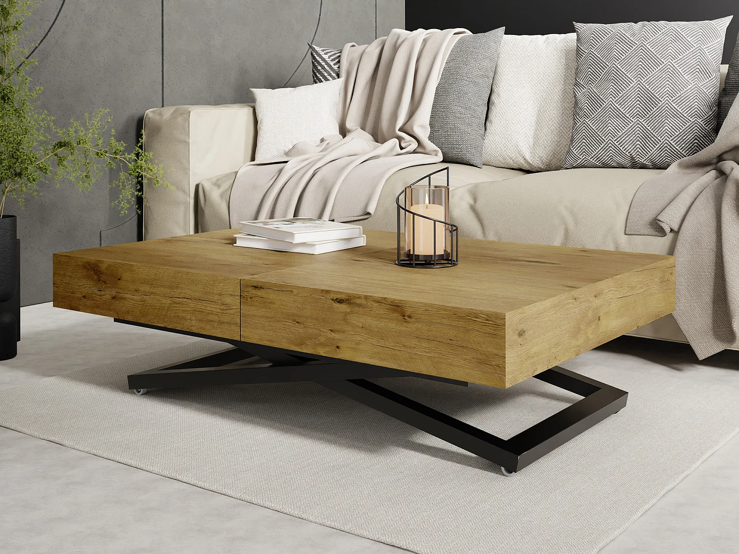 Couchtisch Höhenverstellbar und Ausziehbar Cavetta X - Wohnzimmertisch Esstisch Multifunktionstisch 120-200/80/27-76 cm Lancelot Eiche