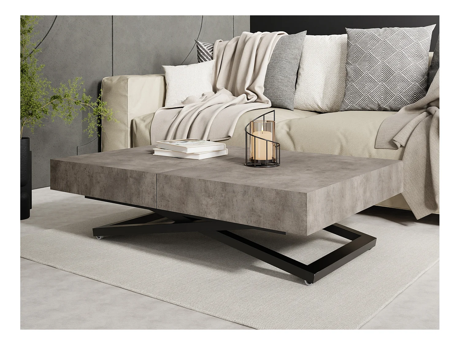 Couchtisch Höhenverstellbar und Ausziehbar Cavetta X - Wohnzimmertisch Esstisch Multifunktionstisch 120-200/80/27-76 cm Beton-Optik Dunkelgrau