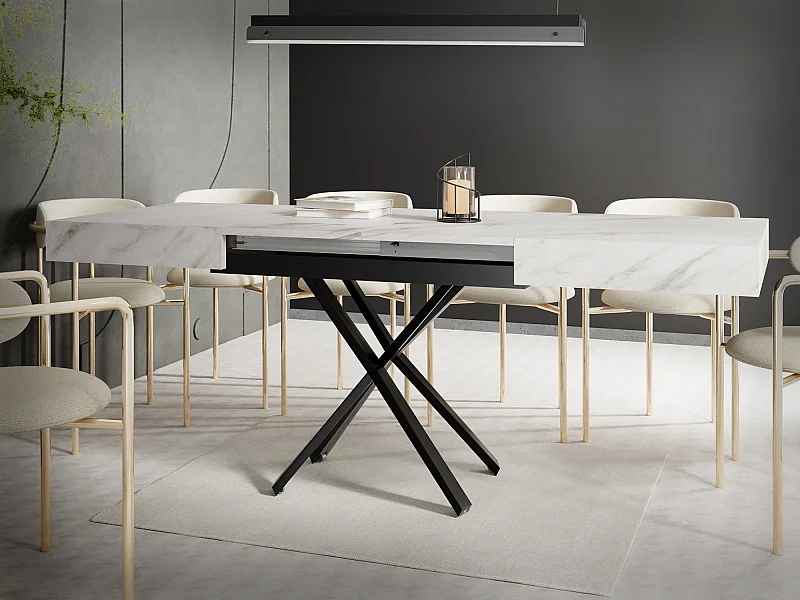 Couchtisch Höhenverstellbar und Ausziehbar Cavetta X in Marmoroptik Weiß - Wohnzimmertisch Esstisch Multifunktionstisch 120-200/80/27-76 cm - Marmor Weiß