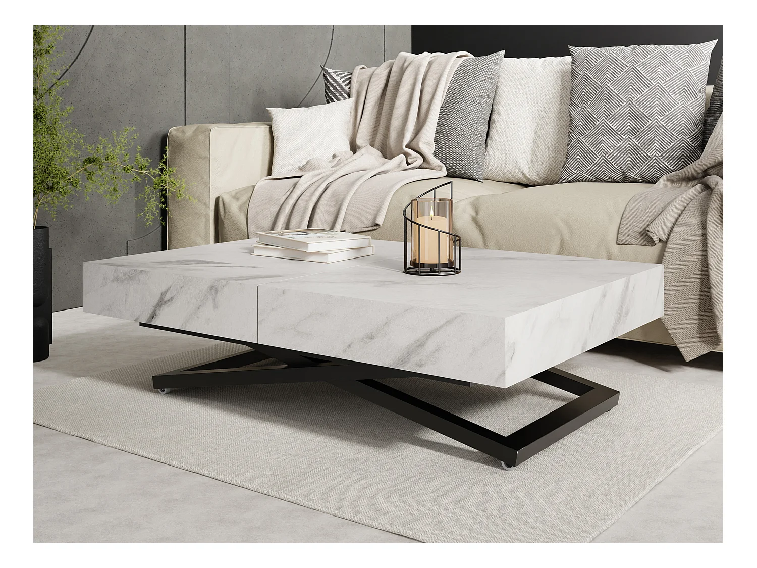 Couchtisch Höhenverstellbar und Ausziehbar Cavetta X in Marmoroptik Weiß - Wohnzimmertisch Esstisch Multifunktionstisch 120-200/80/27-76 cm - Marmor Weiß