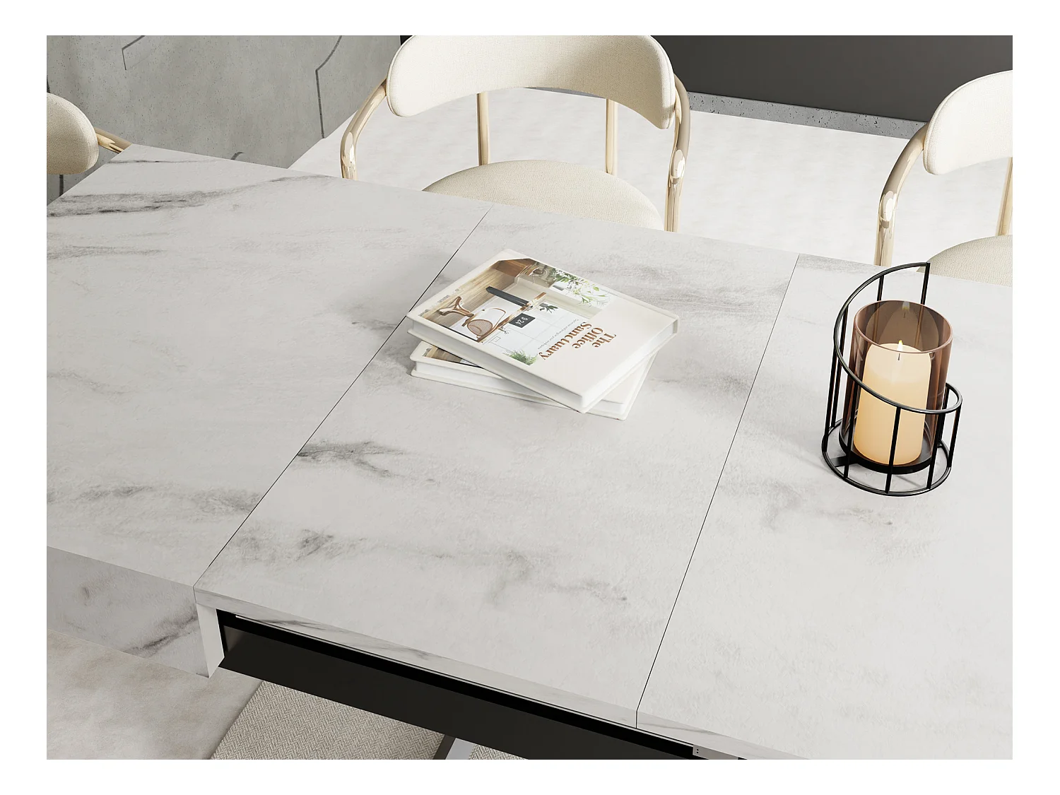 Couchtisch Höhenverstellbar und Ausziehbar Cavetta X in Marmoroptik Weiß - Wohnzimmertisch Esstisch Multifunktionstisch 120-200/80/27-76 cm - Marmor Weiß