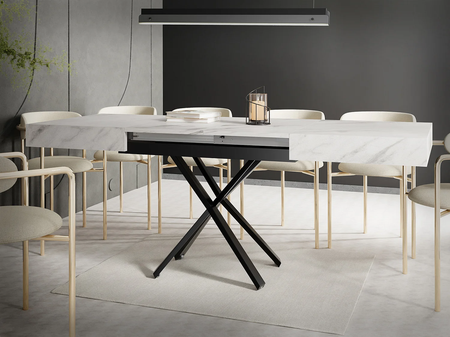 Couchtisch Höhenverstellbar und Ausziehbar Cavetta X in Marmoroptik Weiß - Wohnzimmertisch Esstisch Multifunktionstisch 120-200/80/27-76 cm - Marmor Weiß