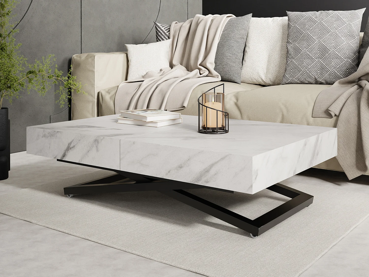 Couchtisch Höhenverstellbar und Ausziehbar Cavetta X in Marmoroptik Weiß - Wohnzimmertisch Esstisch Multifunktionstisch 120-200/80/27-76 cm - Marmor Weiß