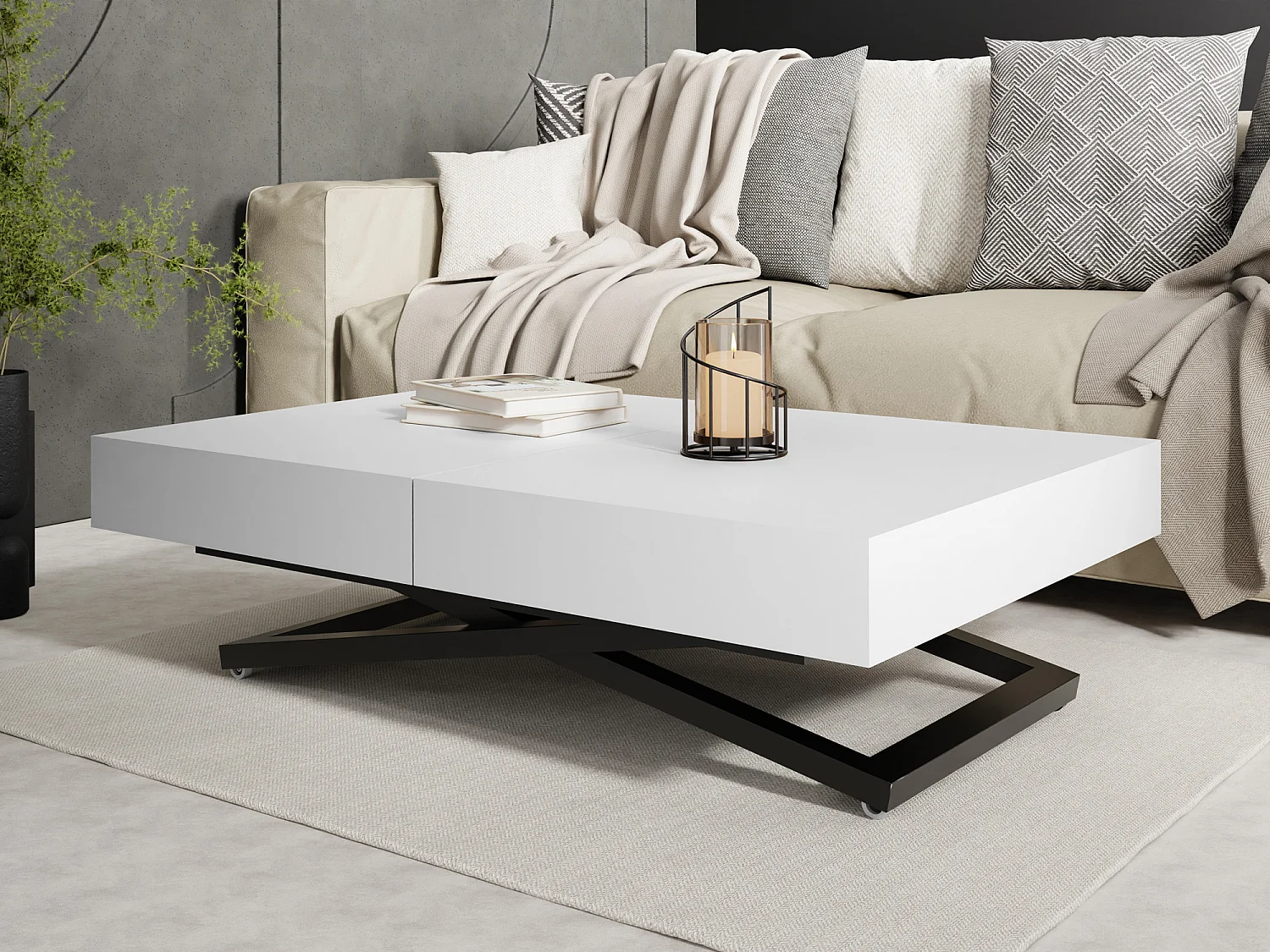 Table Basse Relevable Extensible Cavetta X - Table Multifonction Salon Salle à Manger 120-200/80/27-76 cm Blanc
