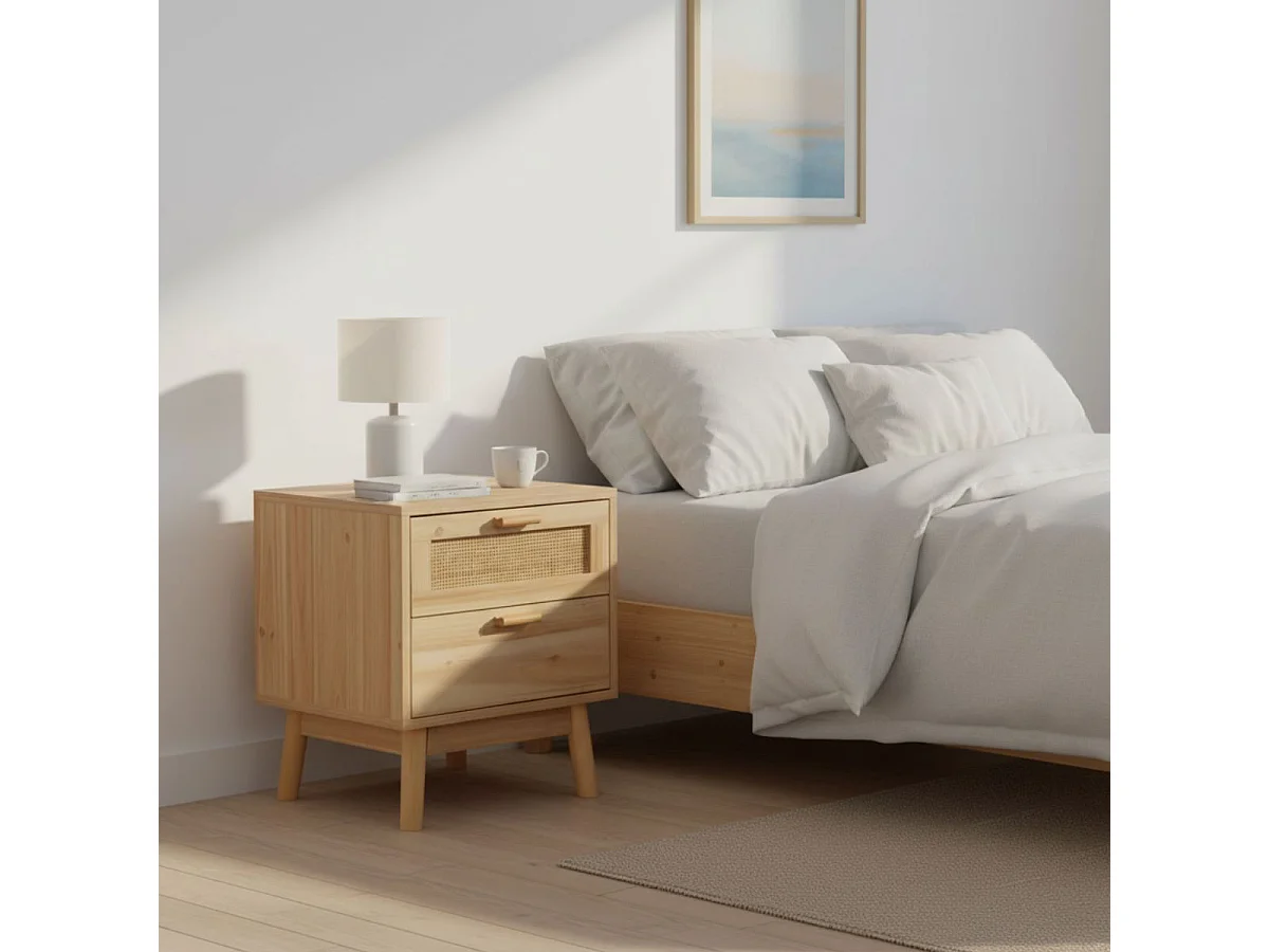 Mesa de cabeceira Vogue com 2 gavetas em melamina de pinho e rattan - 40x48x39 cm