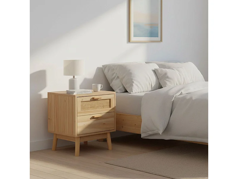 Mesa de cabeceira Vogue com 2 gavetas em melamina de pinho e rattan - 40x48x39 cm