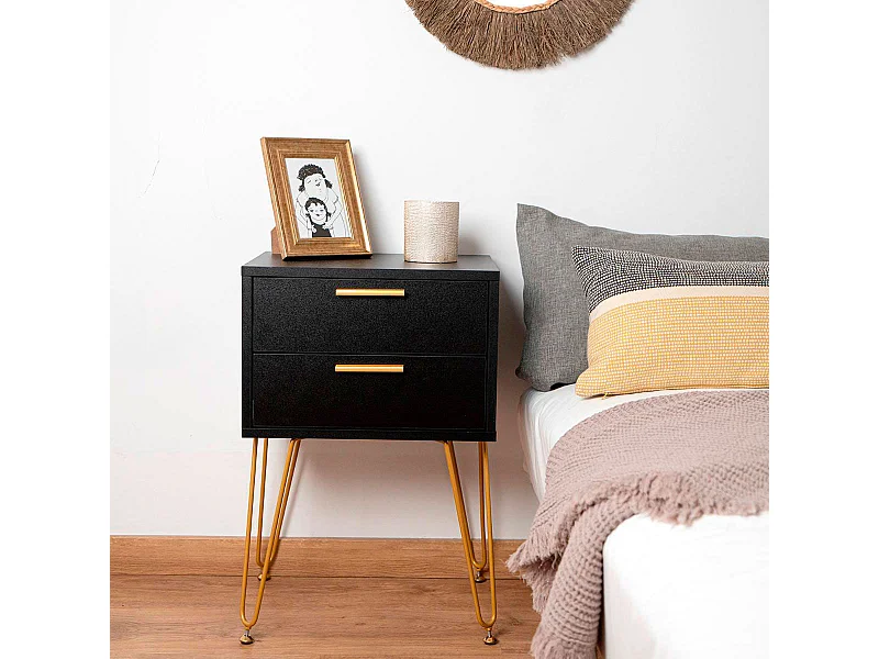 Mesita de noche MOA Vinthera 2 cajones negro/dorado 60,3x40x30 cm