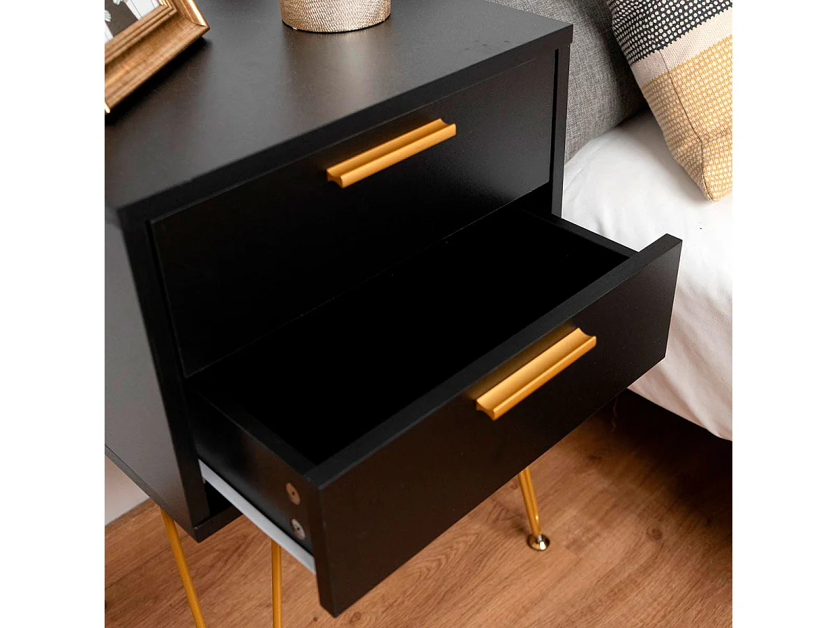 Mesita de noche MOA Vinthera 2 cajones negro/dorado 60,3x40x30 cm