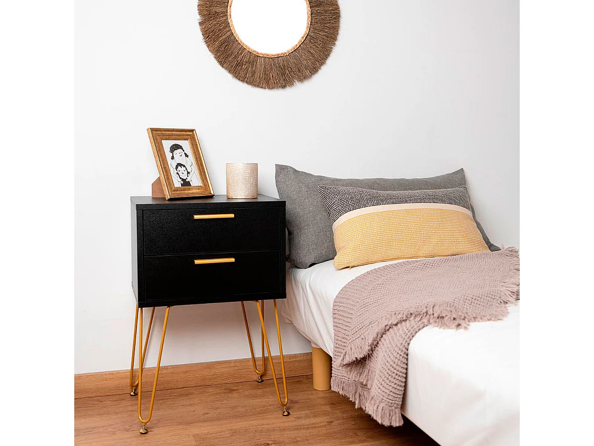 Mesita de noche MOA Vinthera 2 cajones negro/dorado 60,3x40x30 cm
