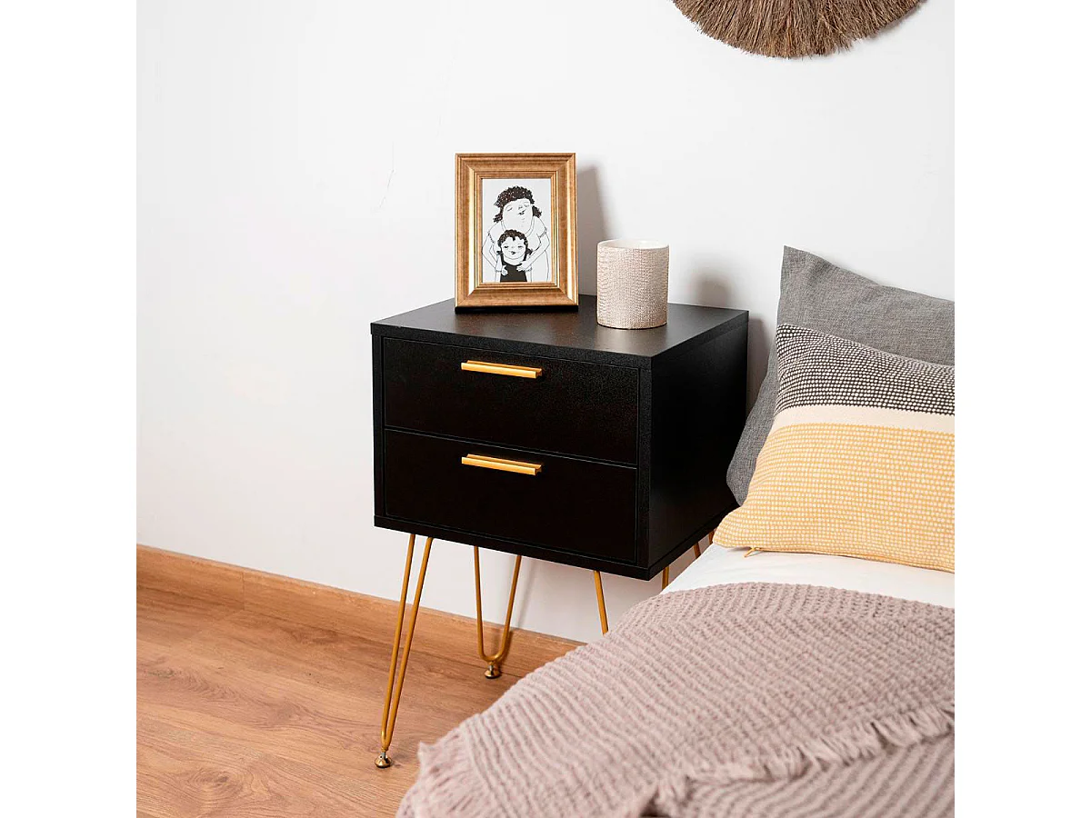 Mesita de noche MOA Vinthera 2 cajones negro/dorado 60,3x40x30 cm