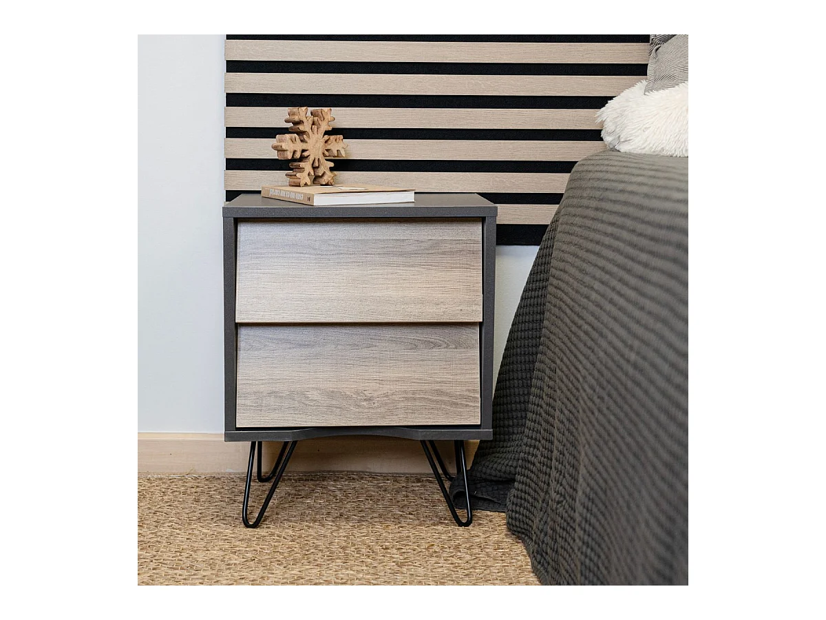 Mesita de noche MOA Vinthera 2 cajones negro/natural 49,5x40x30 cm