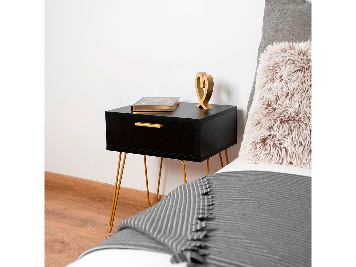 Mesita de noche MOA Vinthera 1 cajón negro/dorado 50,3x40x30 cm