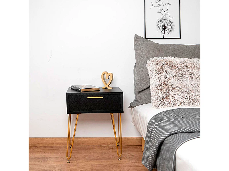 Mesita de noche MOA Vinthera 1 cajón negro/dorado 50,3x40x30 cm