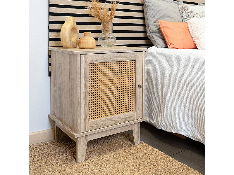 Mesita de noche MOA Vinthera con armario ratán natural 60x48x40 cm