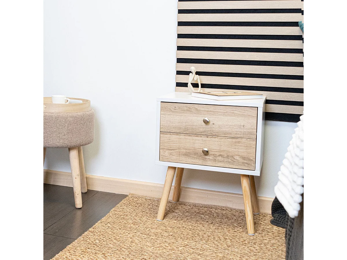 Mesita de noche MOA Vinthera 2 cajones natural/blanco 49,5x40x30 cm