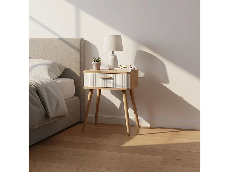 Table de chevet Frisa style nordique blanc/chêne 1 tiroir 40x52x30 cm