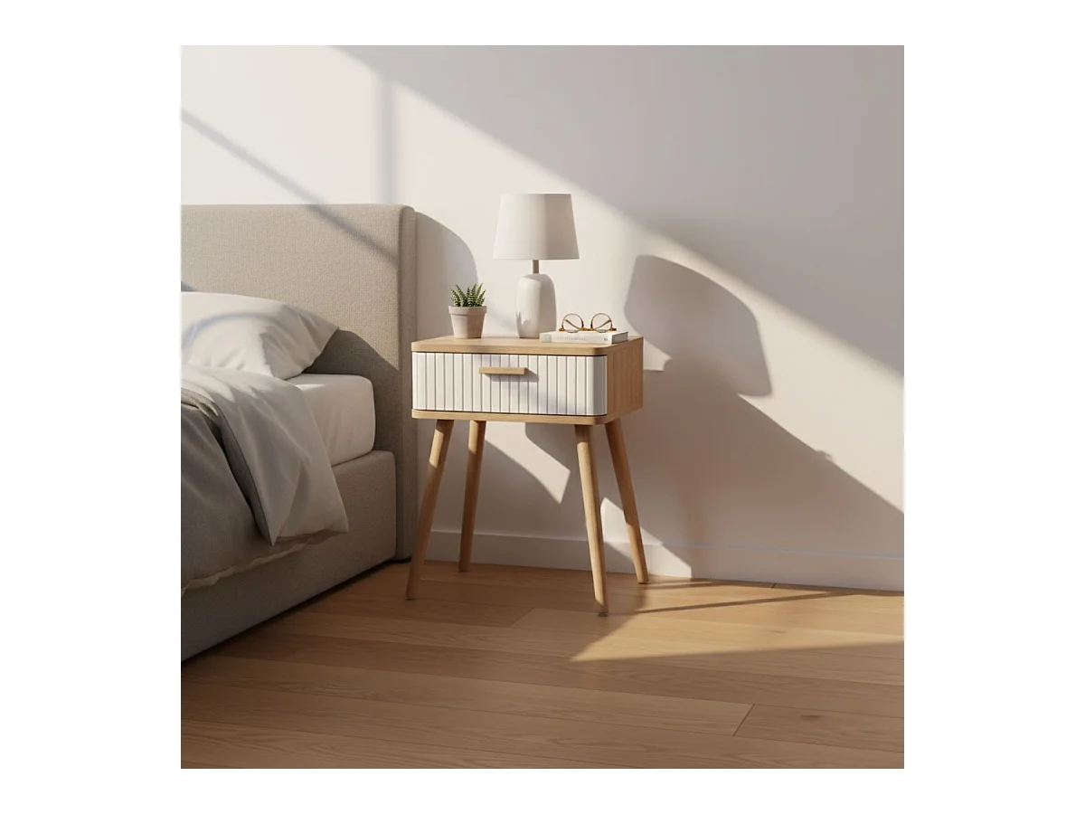 Mesa de cabeceira estilo nórdico Frisa branco/carvalho 1 gaveta 40x60x30 cm