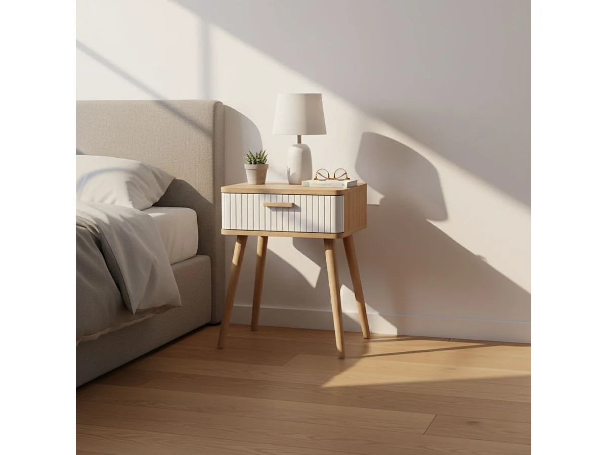 Mesa de cabeceira estilo nórdico Frisa branco/carvalho 1 gaveta 40x52x30 cm