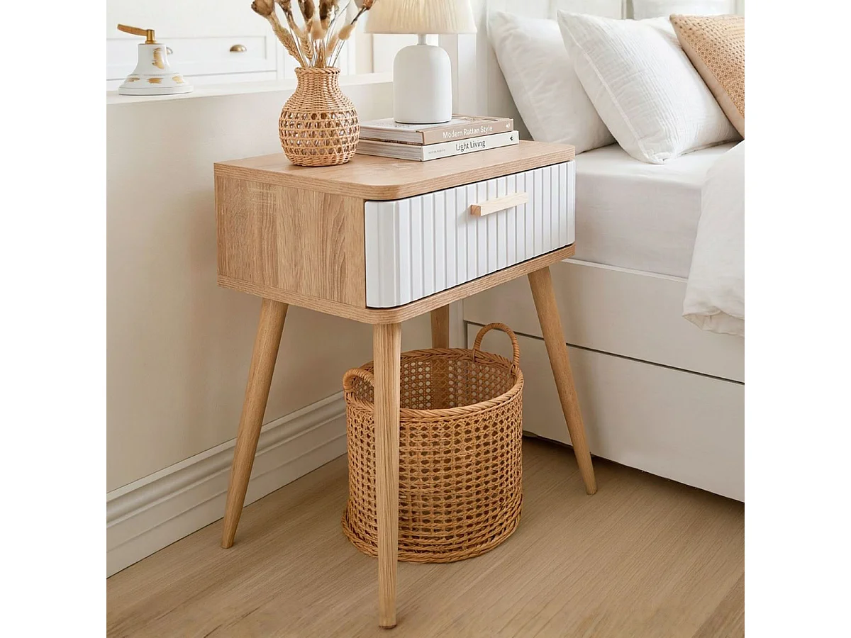 Mesa de cabeceira estilo nórdico Frisa branco/carvalho 1 gaveta 40x52x30 cm
