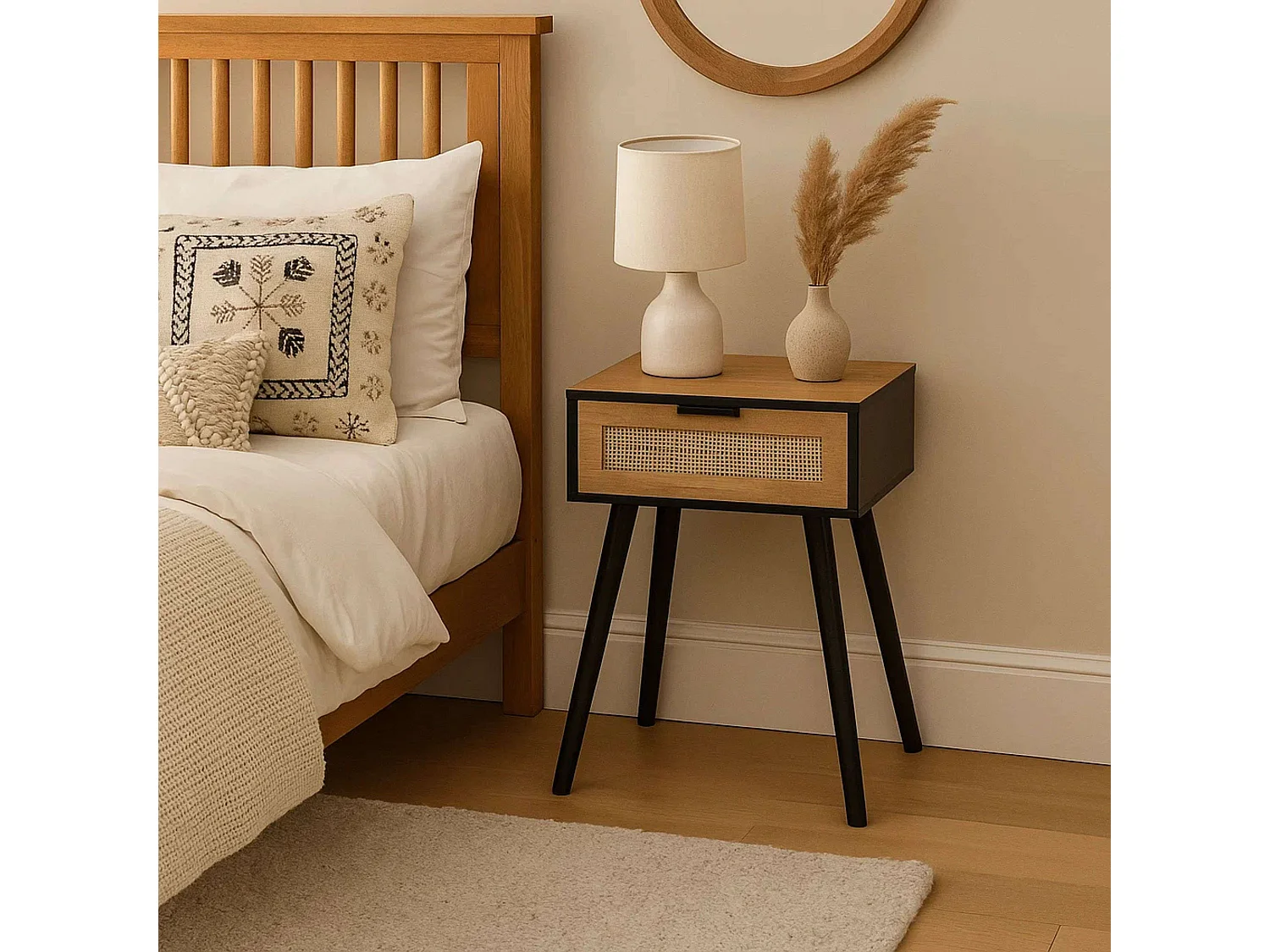 Mesa de cabeceira estilo industrial Frisa, preta e rattan, 1 gaveta, 40x52x30 cm