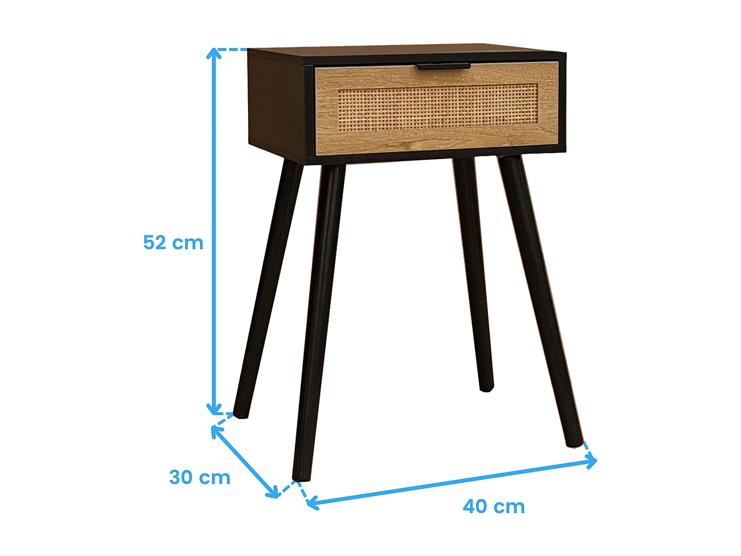 Mesa de cabeceira estilo industrial Frisa, preta e rattan, 1 gaveta, 40x52x30 cm