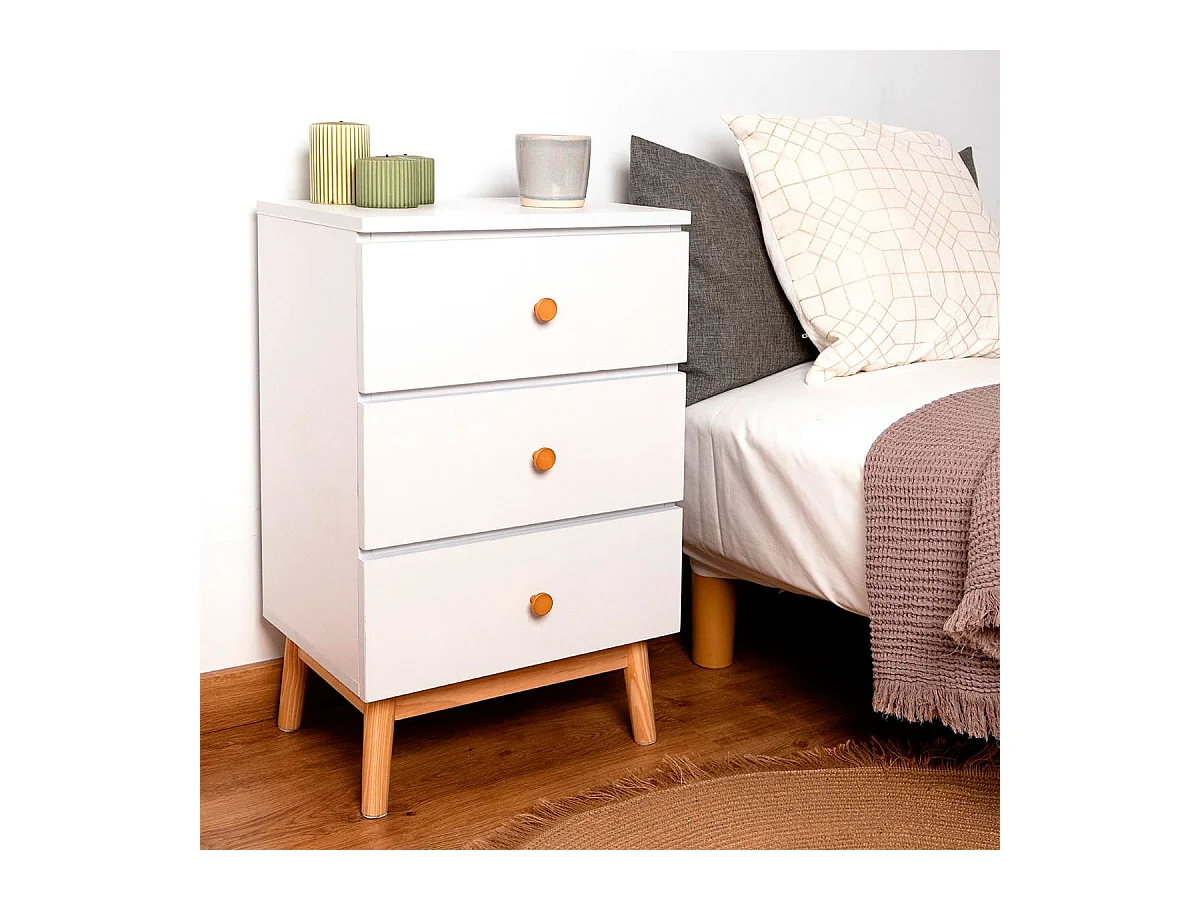 Mesita de noche MOA Vinthera 3 cajones blanco/madera 64,3x40x30 cm