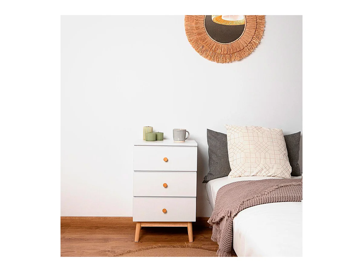 Mesita de noche MOA Vinthera 3 cajones blanco/madera 64,3x40x30 cm