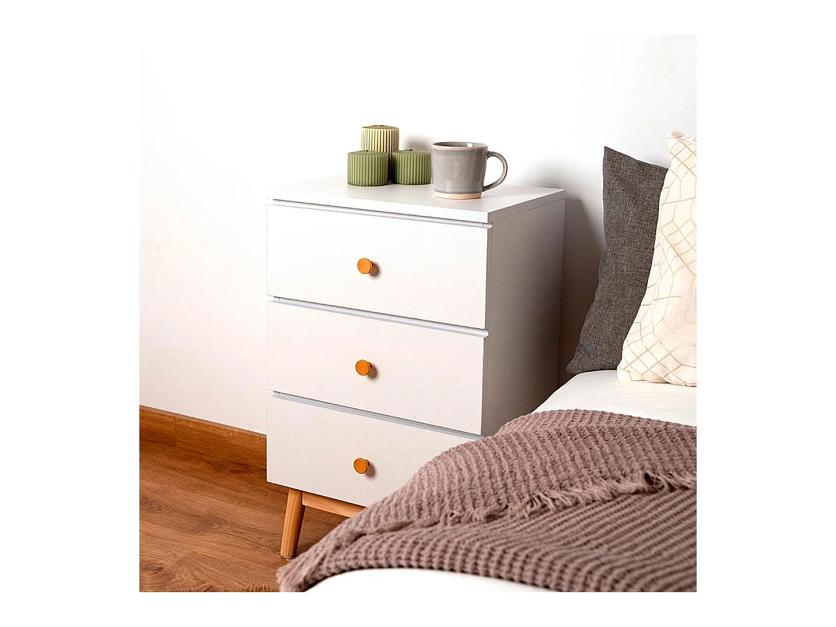 Mesita de noche MOA Vinthera 3 cajones blanco/madera 64,3x40x30 cm