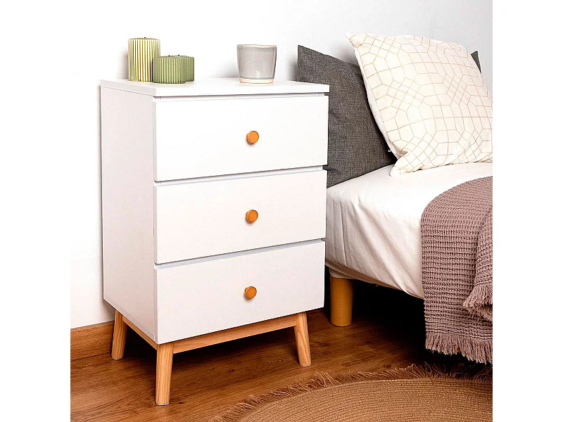 Mesita de noche MOA Vinthera 3 cajones blanco/madera 64,3x40x30 cm
