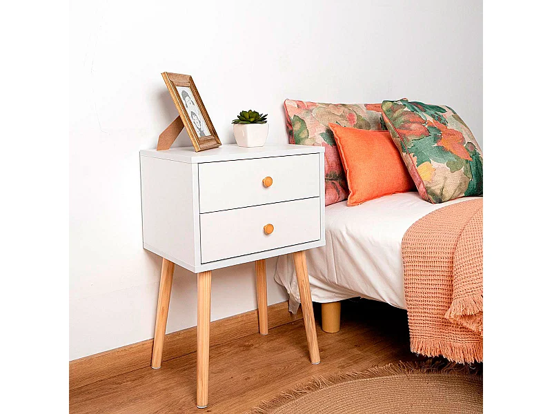 Mesita de noche MOA Vinthera 2 cajones blanco/madera 62,5x40x30 cm