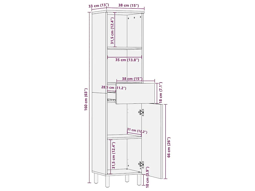 Mobile da Bagno Marrone 38x33x160 cm in Legno Massello di Mango
