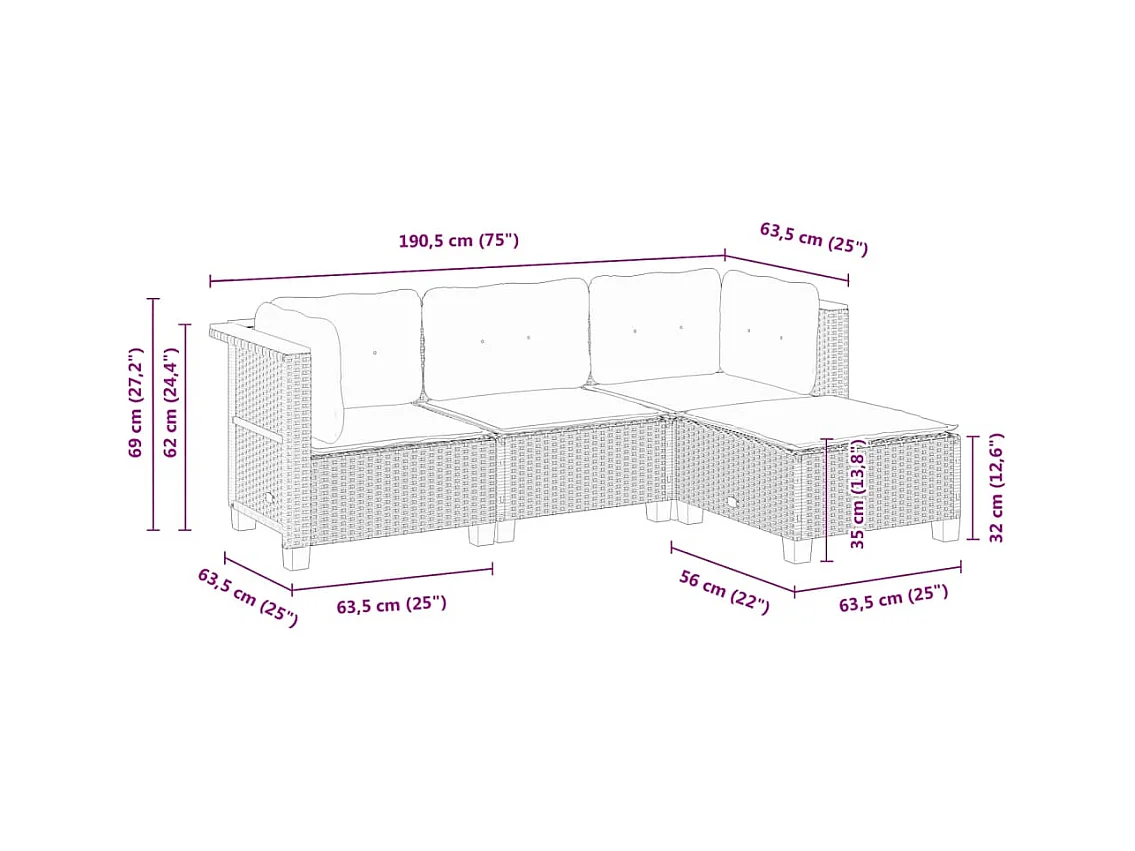 Set Divani da Giardino 4 pz con Cuscini Nero in Polyrattan