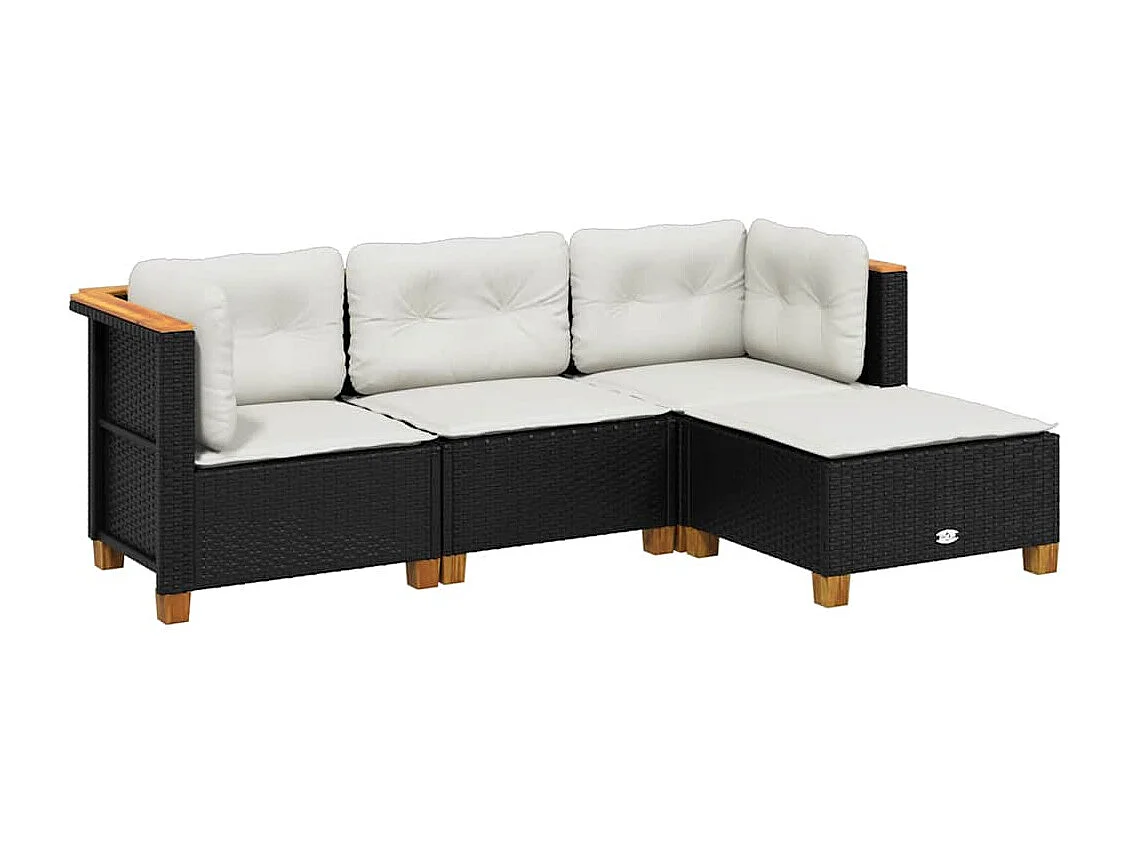 4-delige Loungeset met kussens poly rattan zwart