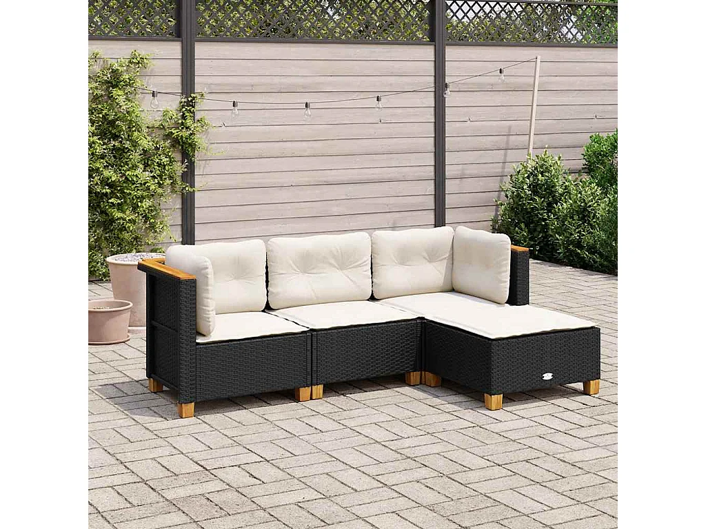 4-delige Loungeset met kussens poly rattan zwart