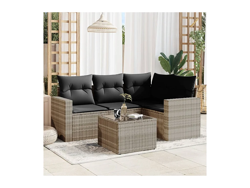 Set Divano da Giardino 5pz con Cuscini Grigio Chiaro Polyrattan