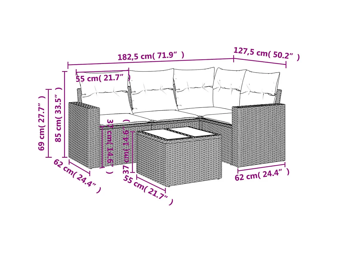 Set Divano da Giardino 5pz con Cuscini Grigio Chiaro Polyrattan