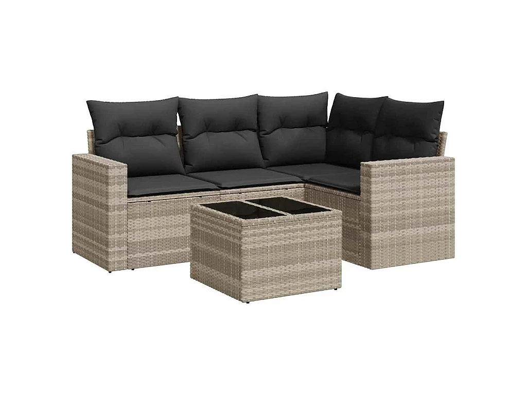 5-delige Loungeset met kussens poly rattan lichtgrijs